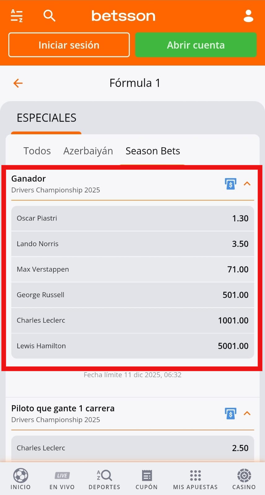 Apuestas para las carreras de la F1