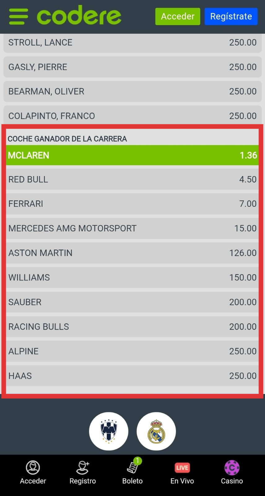 Apuestas para la Fórmula 1