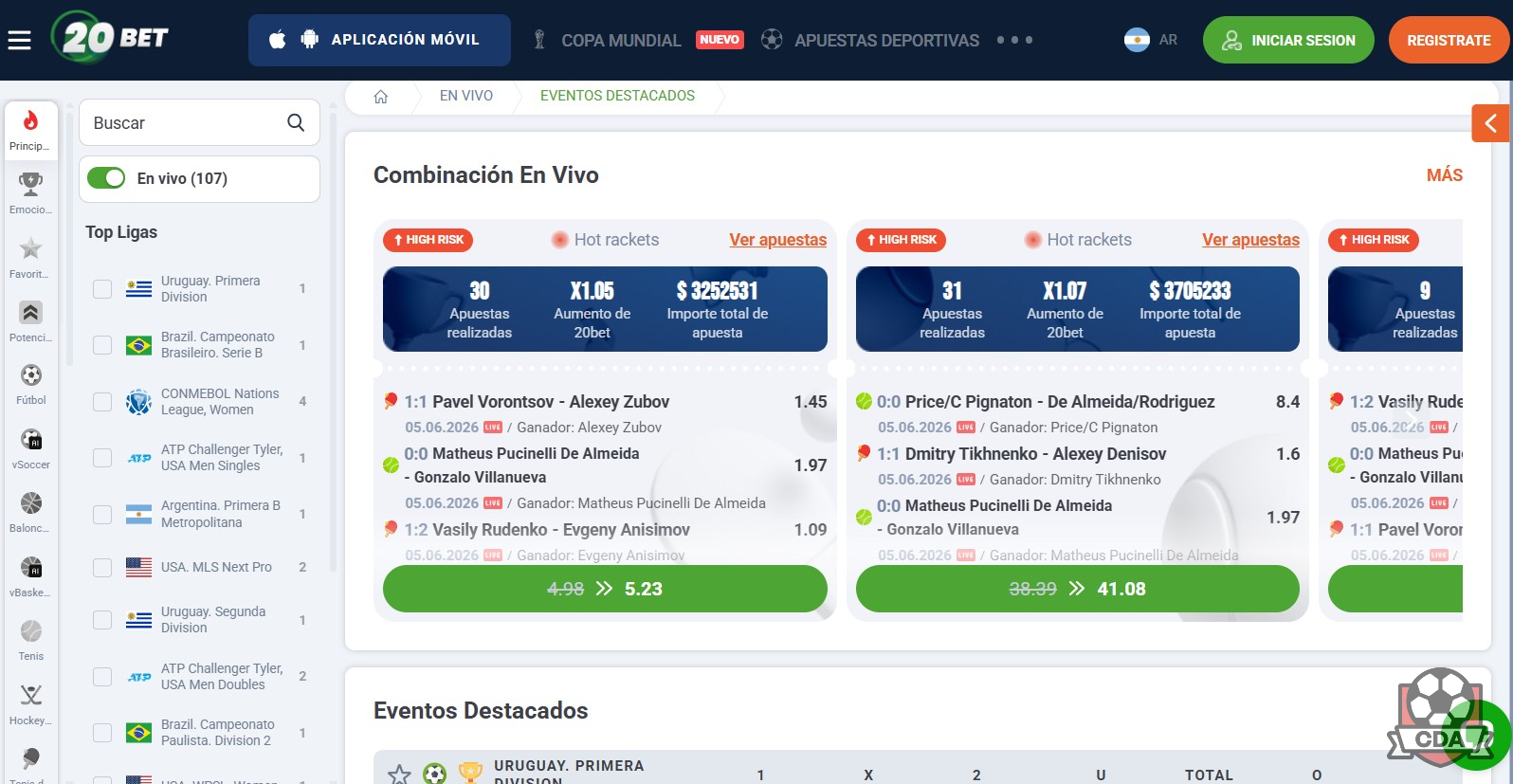 20Bet Argentina: apuestas en vivo