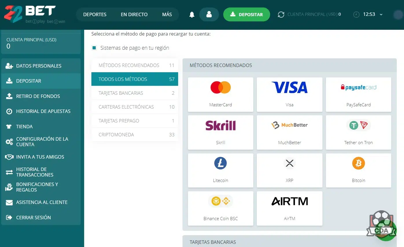 métodos de pago 22bet