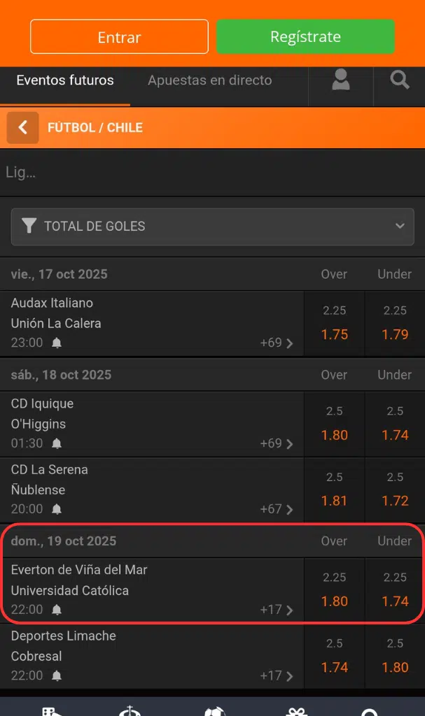 apuestas over under totales de goles fútbol