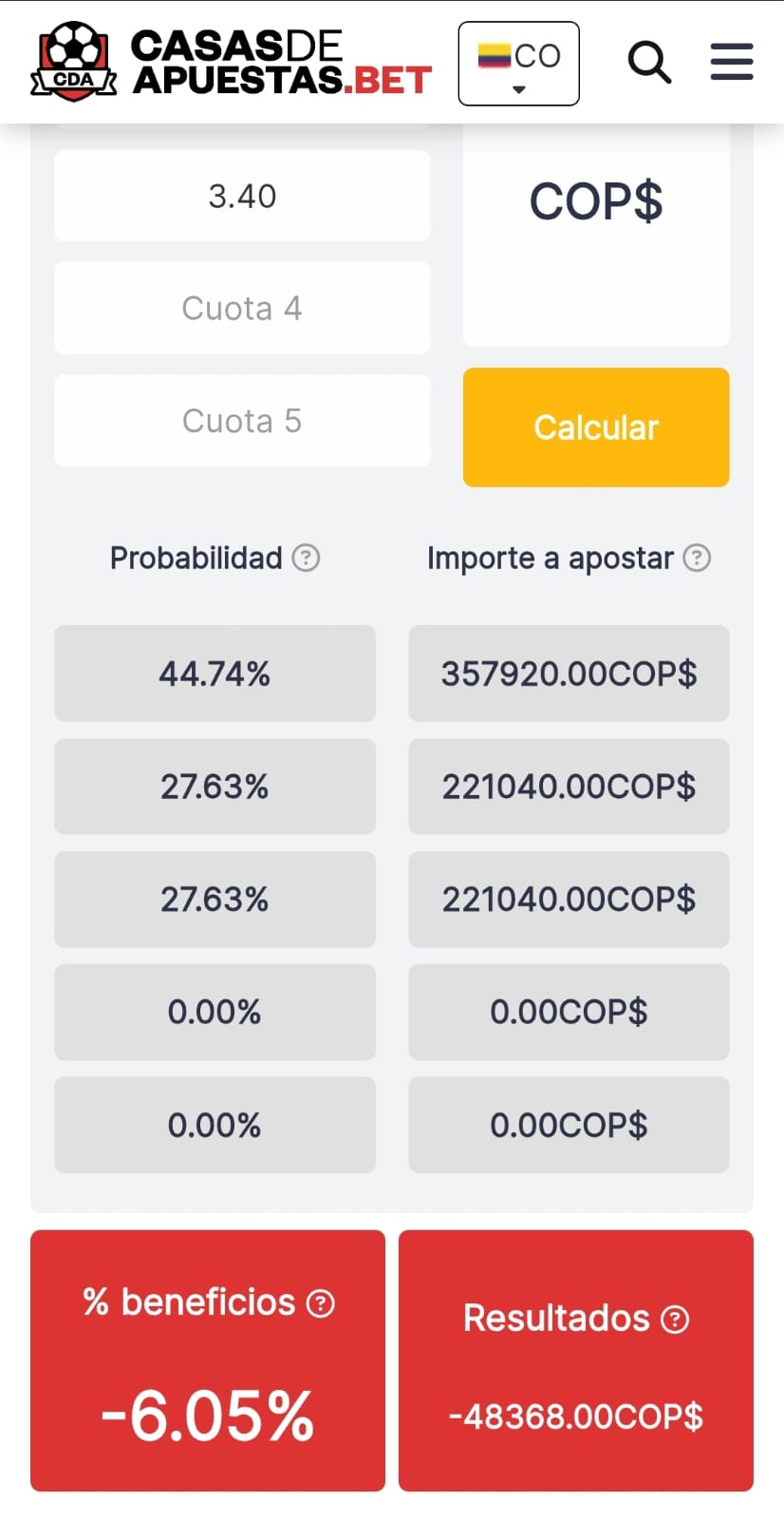 Calculadora de cuotas de apuestas