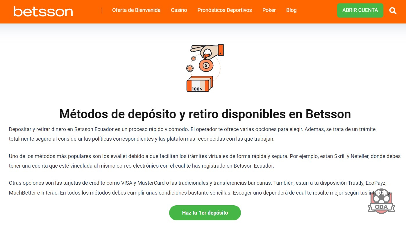 Depósitos y retiros en Betsson Ecuador