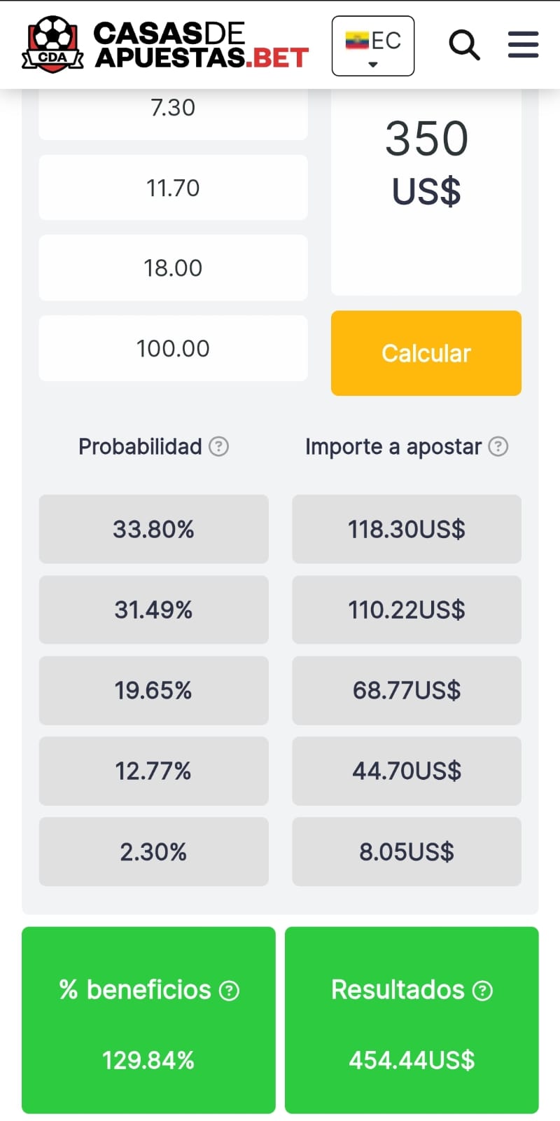 Calculadora de apuestas online en Ecuador