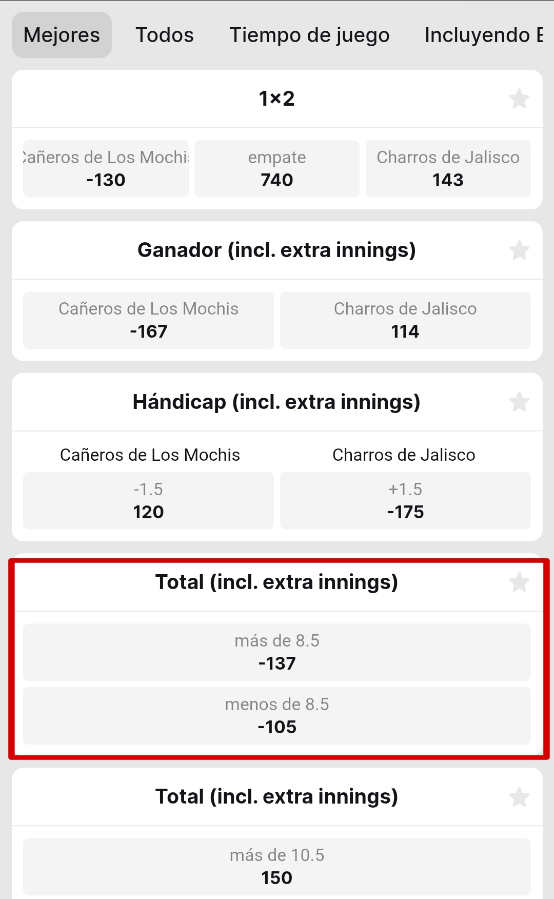 Casas beisbol over/under Ecuador