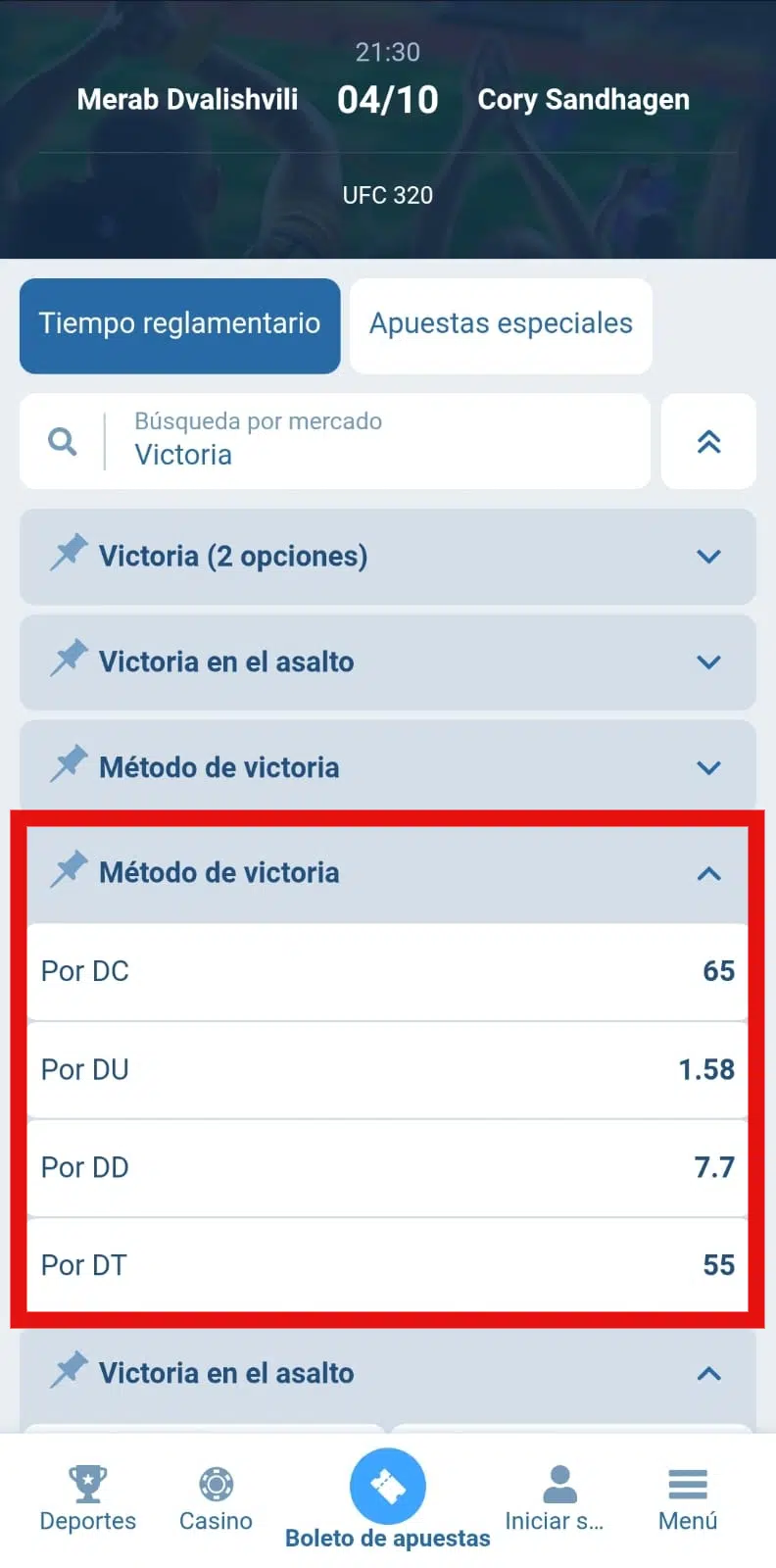 apuestas método de victoria UFC