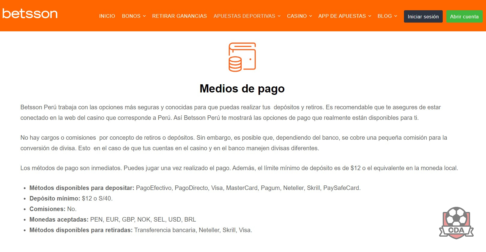 Betsson Perú: métodos de pago