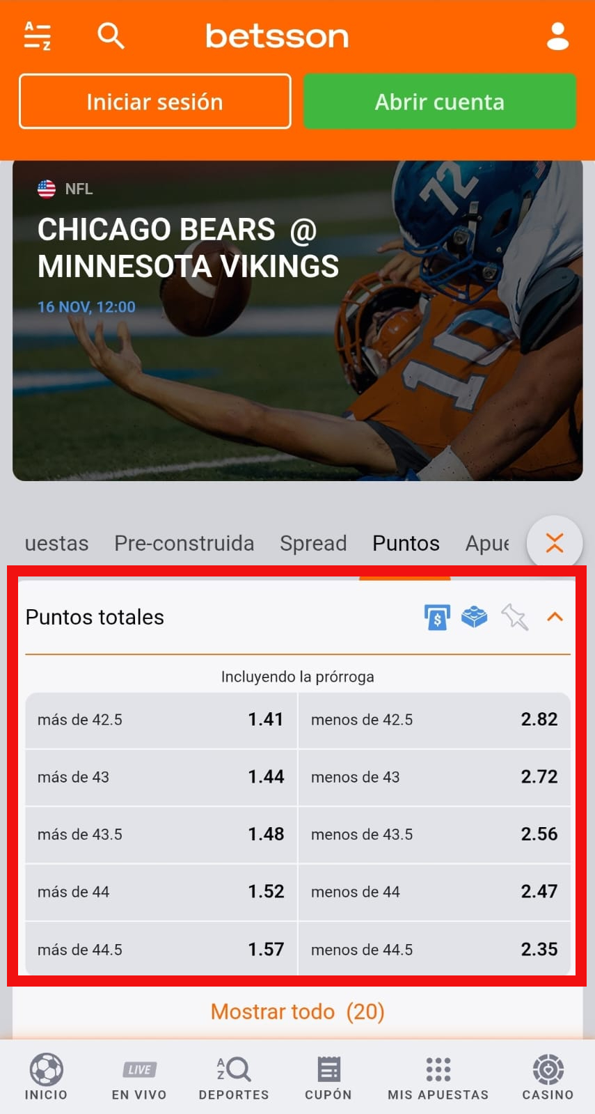 Casas online con apuestas para la NFL