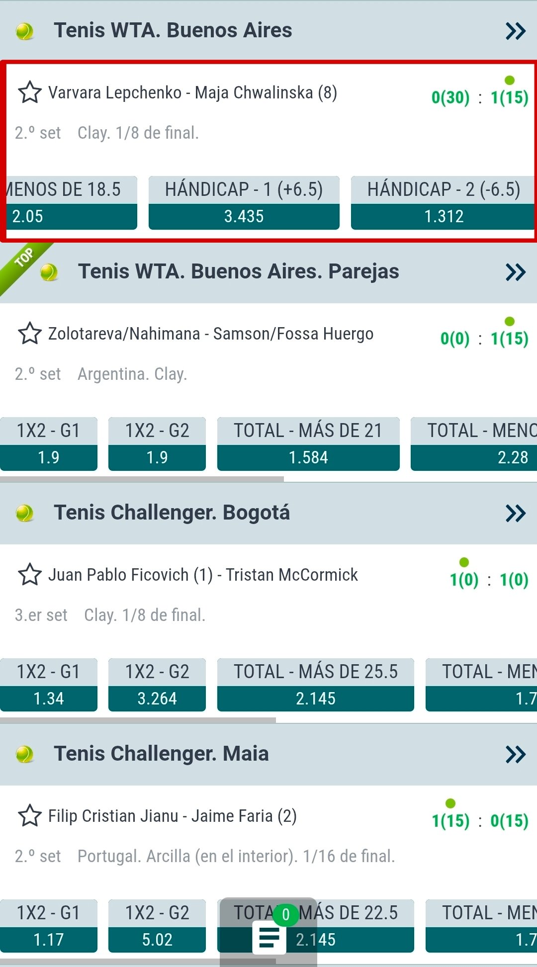 Apuestas handicap tenis Perú