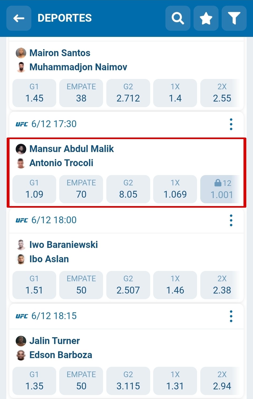 Apuestas Perú moneyline UFC