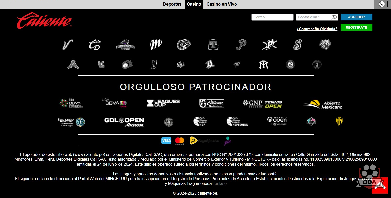 Métodos de pago en Caliente Sports Perú