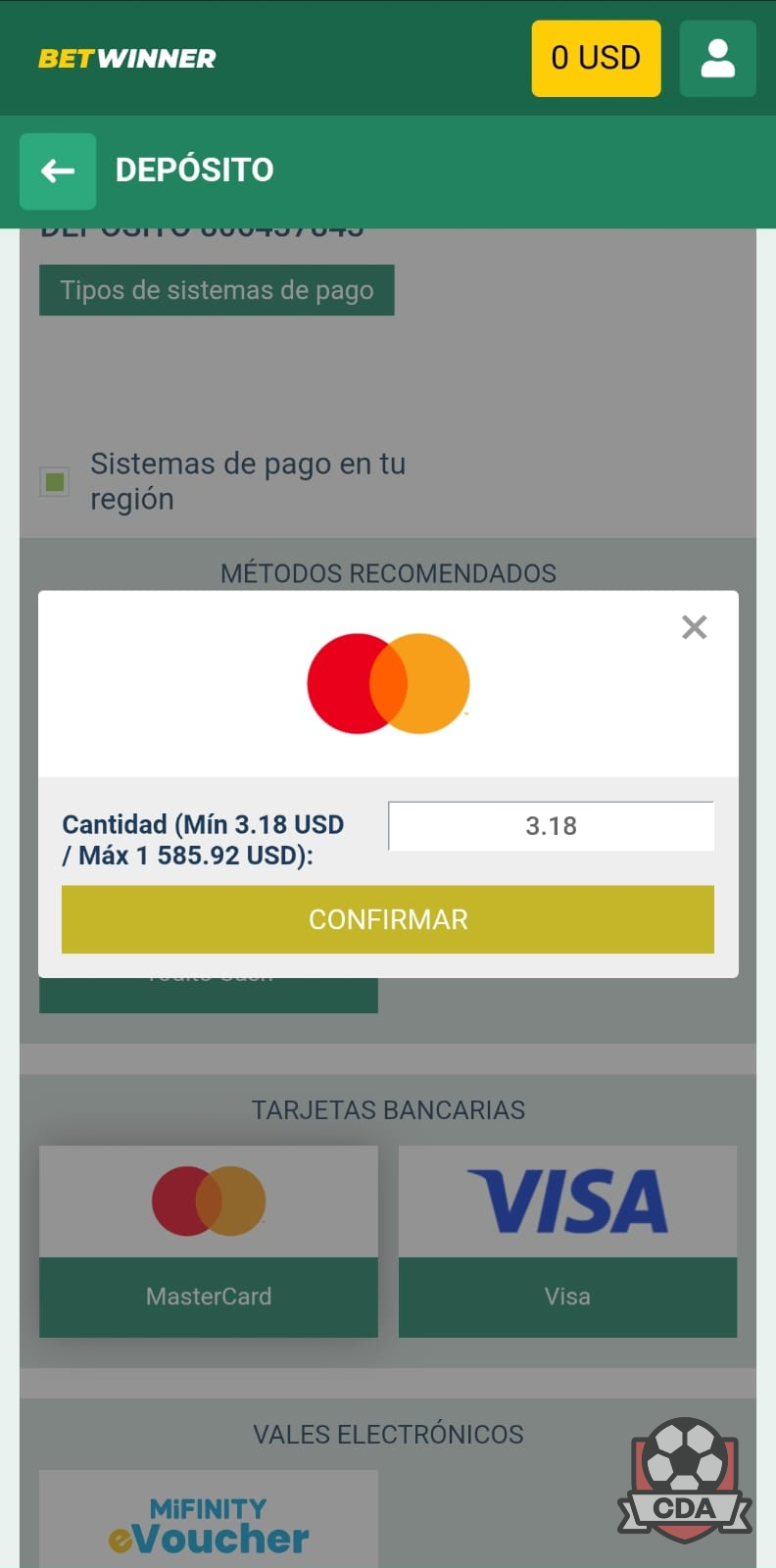 Depósitos con tarjetas en Betwinner México