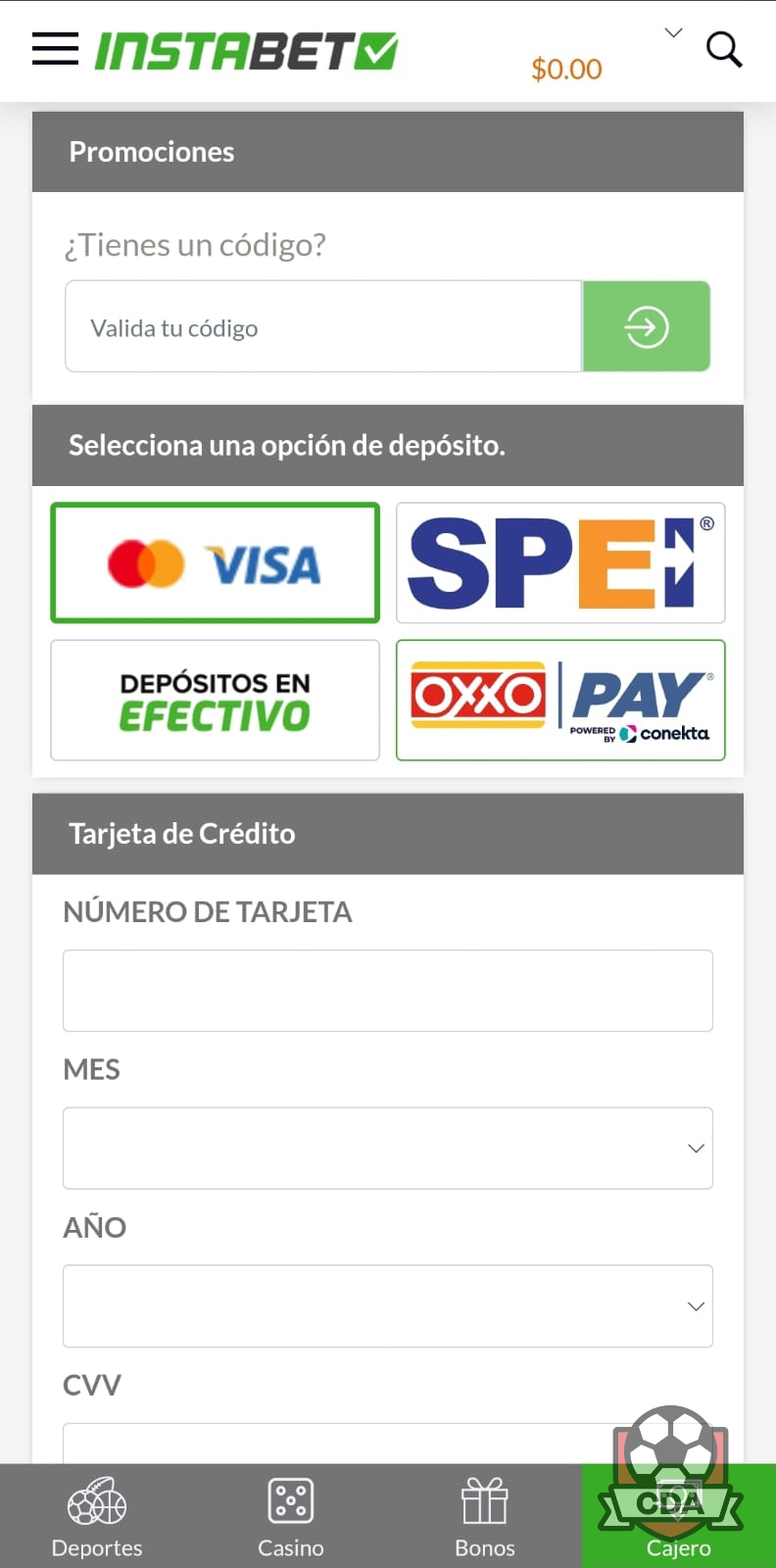 Depósitos con tarjetas en Instabet México