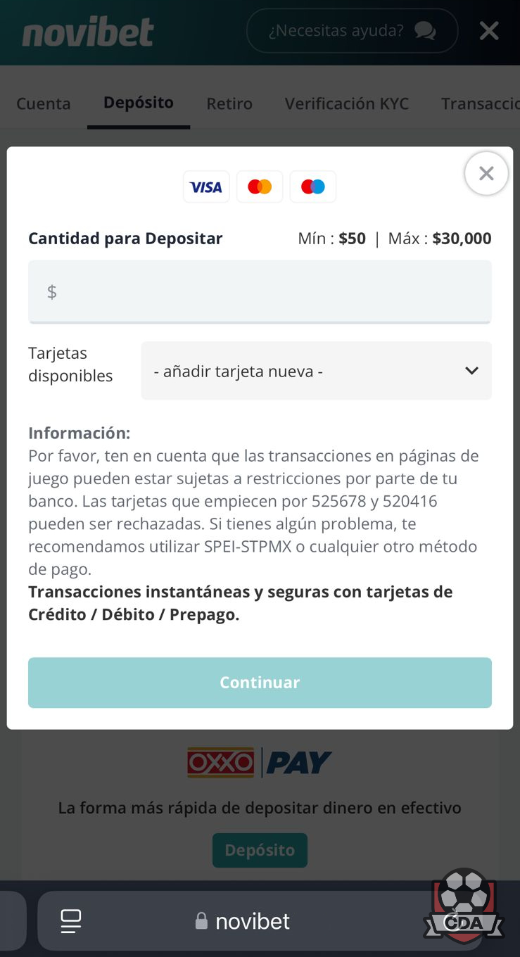 Pagos con tarjeta en Novibet México