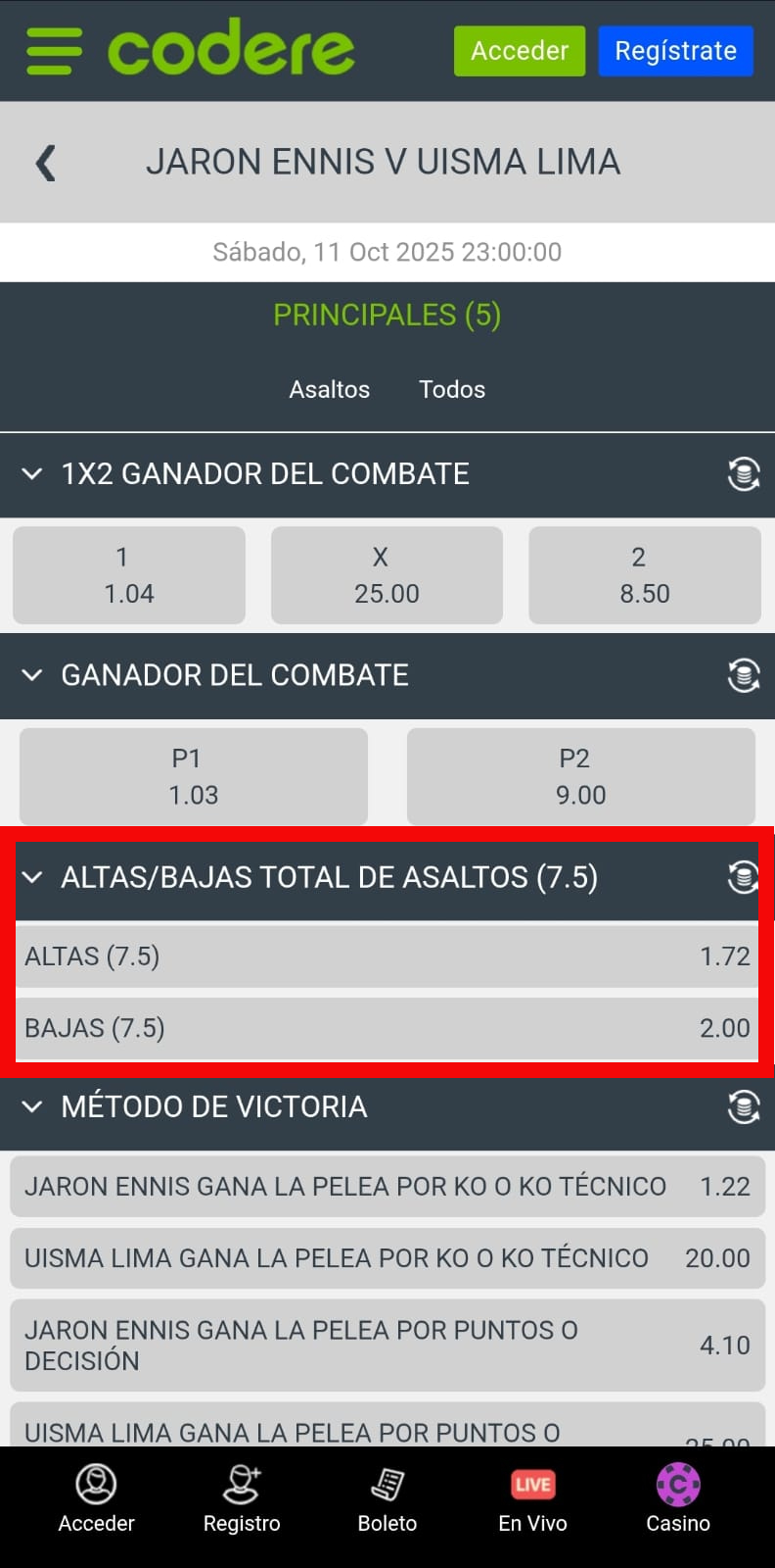 Momios para apuestas en peleas de boxeo